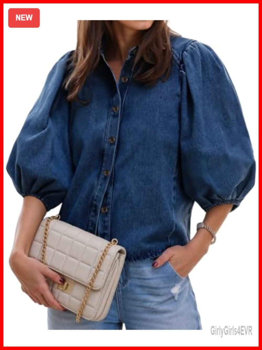 Womens Denim Shirt Puff Sleeve Button Down Cotton Blend Blouse